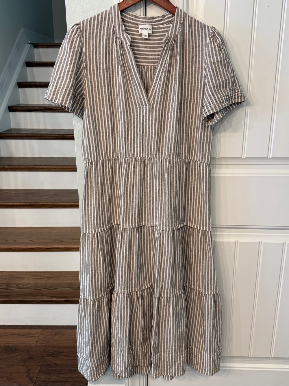 For Cynthia Linen Blend Striped Tiered Midi Dress Large Taupe Cream Boho Cottage
